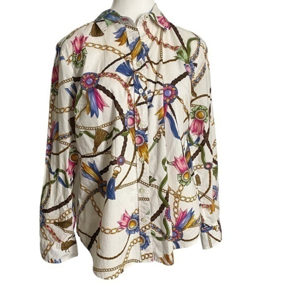 Talbots Chain Tassel Novelty Print White Gold Button Down Size MP Top